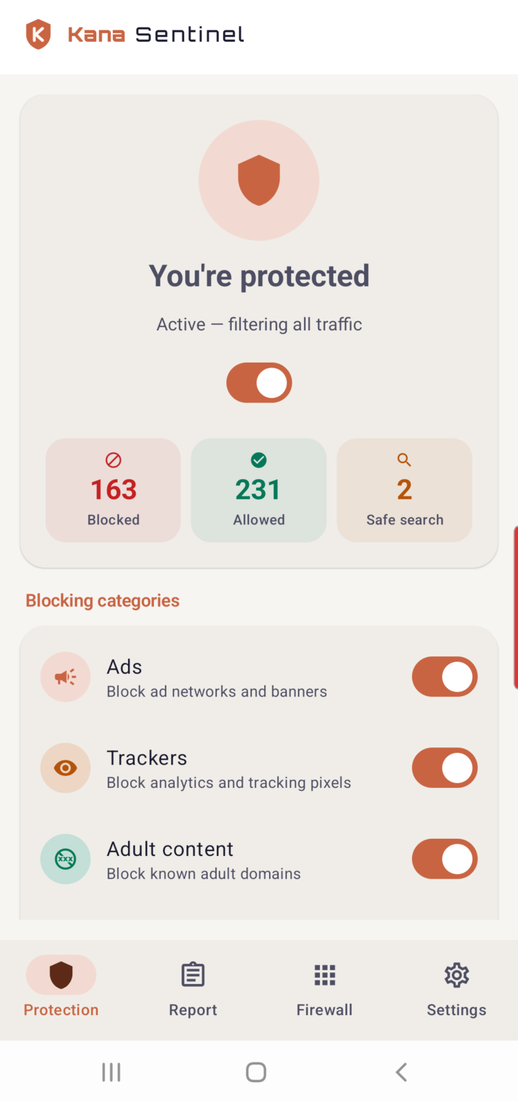 Kana Sentinel's protection home screen showing the master toggle and category switches Showcase 2
